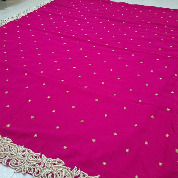 Hot Pink Saree with Pearls Work - Picture 4 of 14